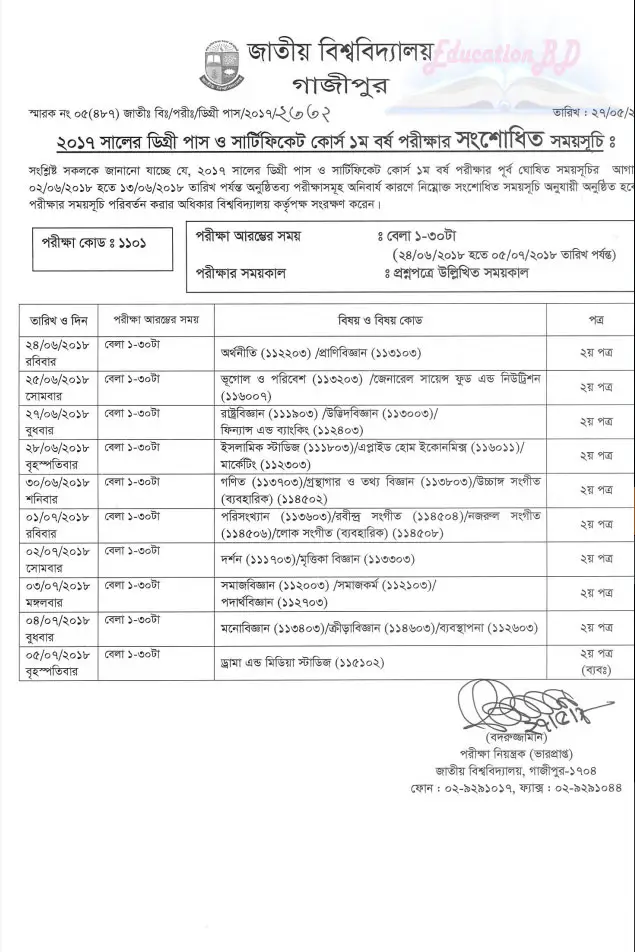 Nu Degree 1st Year Exam Routine 2018 | Educationbd