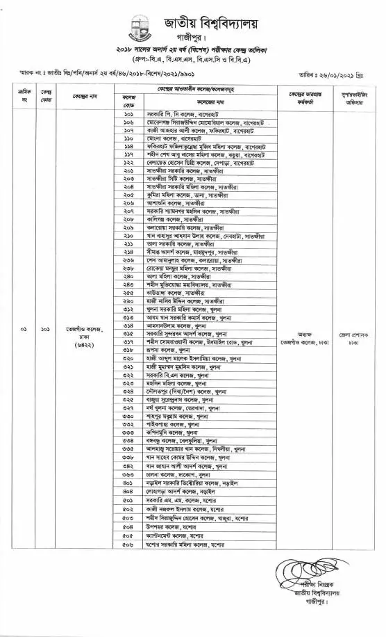 NU Honours 2nd year Special Exam Center List 2021