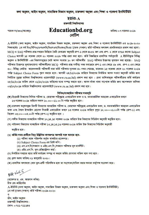 Rajshahi University A Unit Admission Result 2019