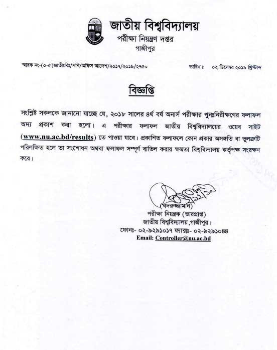 Honours 4th Year Rescrutiny Result 2021