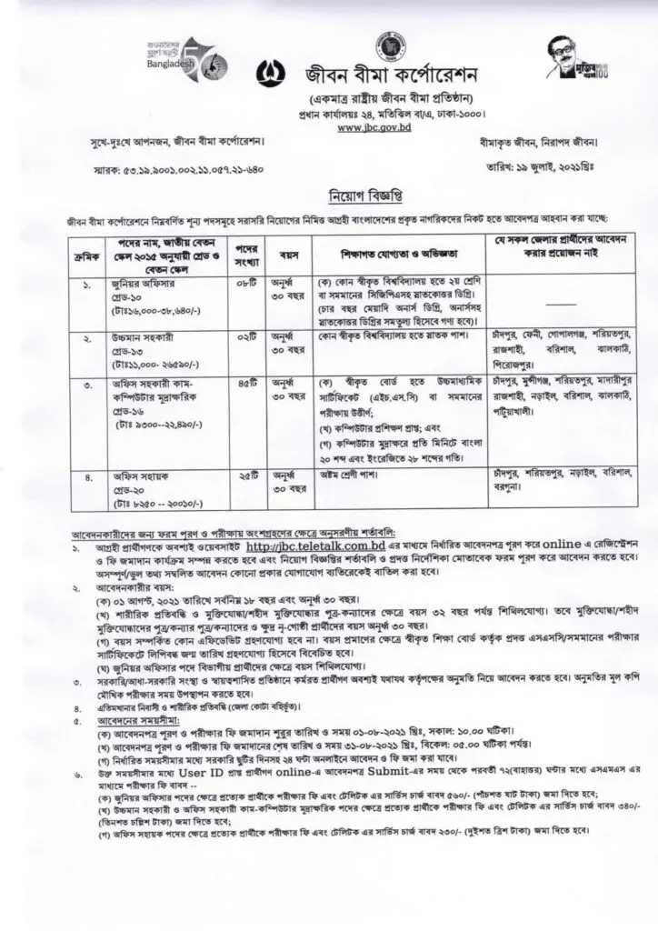 Jiban Bima Job Circular 2021