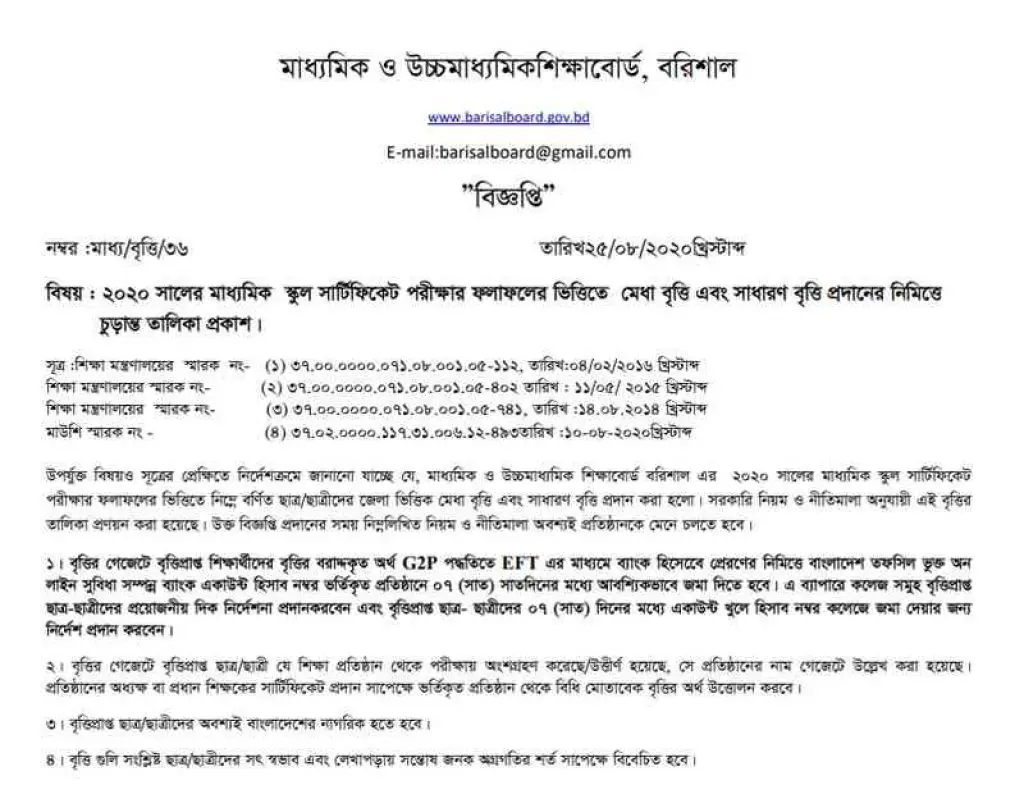 SSC scholarship result 2022 Barisal board