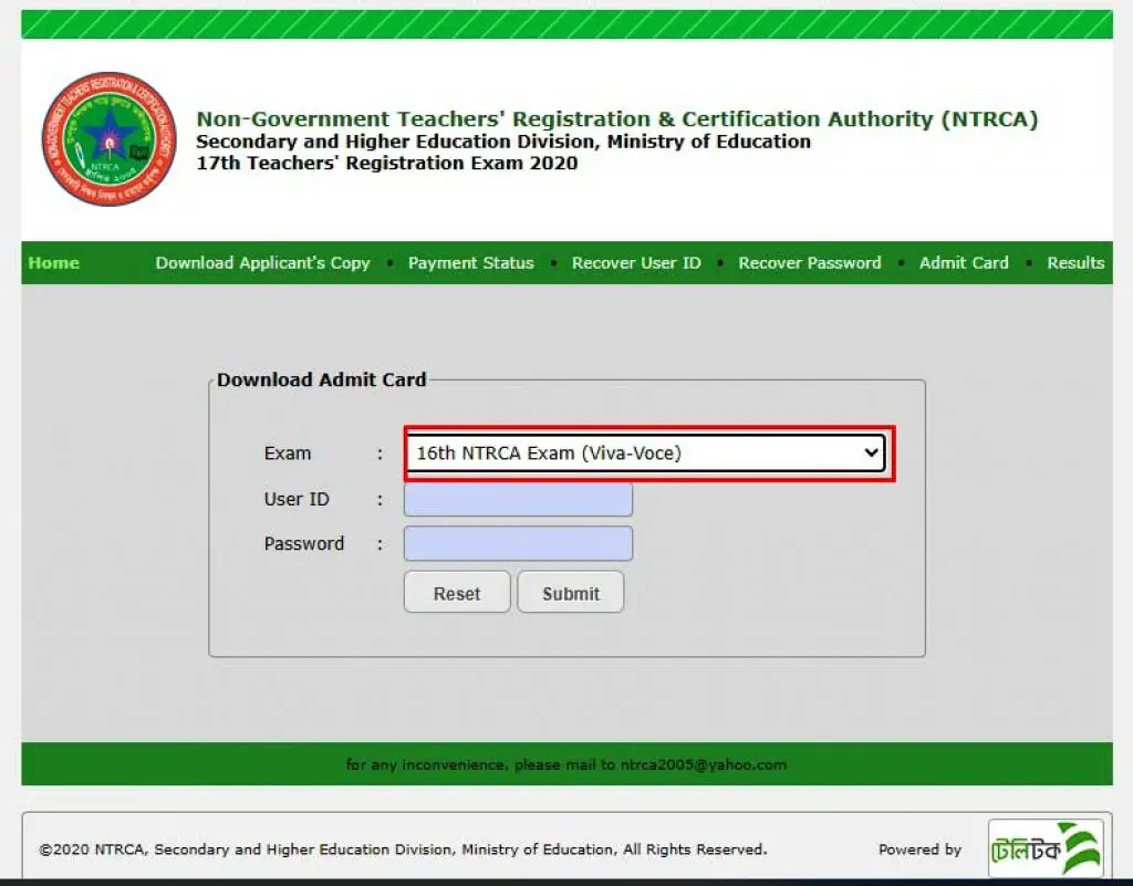 16th NTRCA Viva Admit Card Download 2020