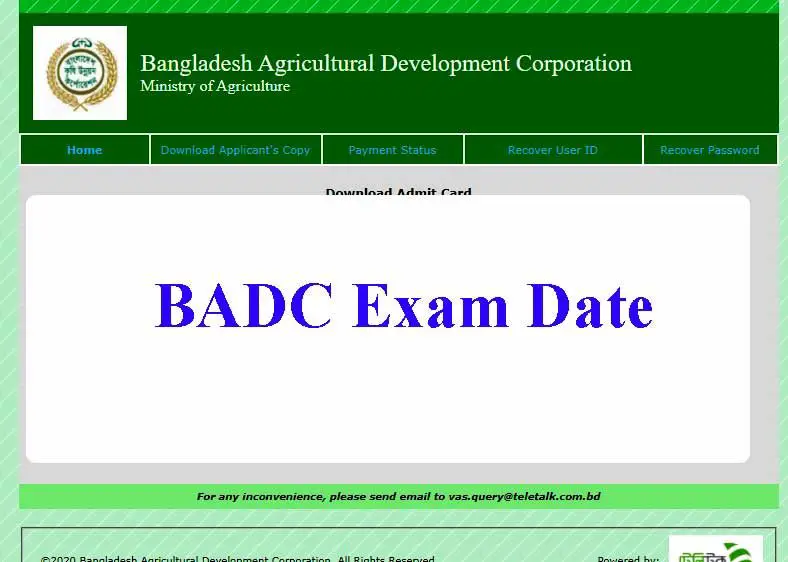 Agricultural Development Corporation BADC Exam Date 2020 & Admit