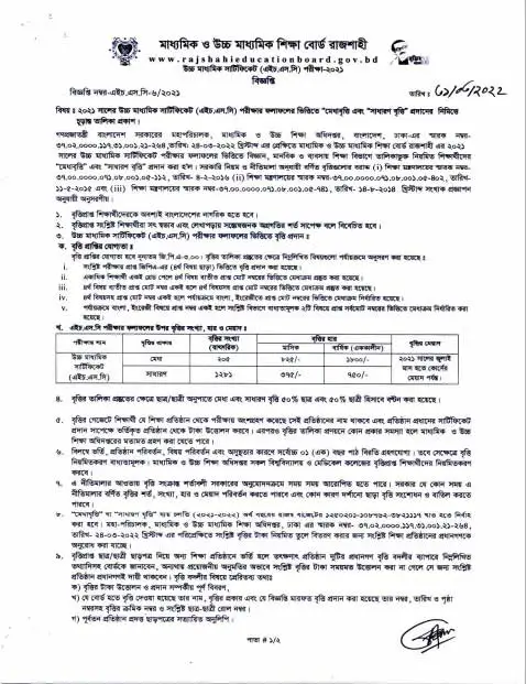 HSC scholarship result 2022 Rajshahi board