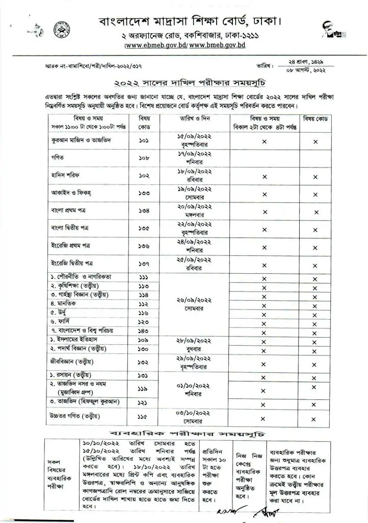 Dakhil Exam Routine 2022