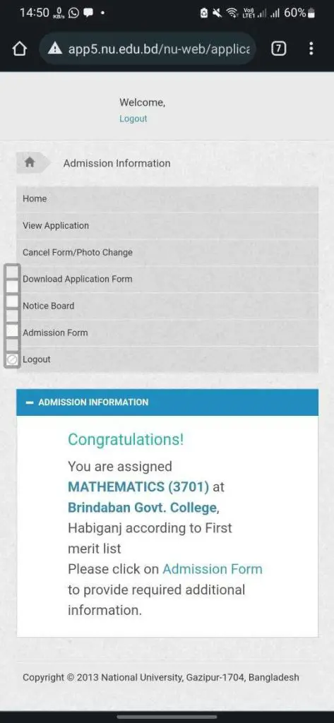 NU Honours 1st Merit List 2022