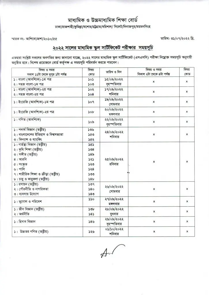 SSC Exam Routine 2022 Picture
