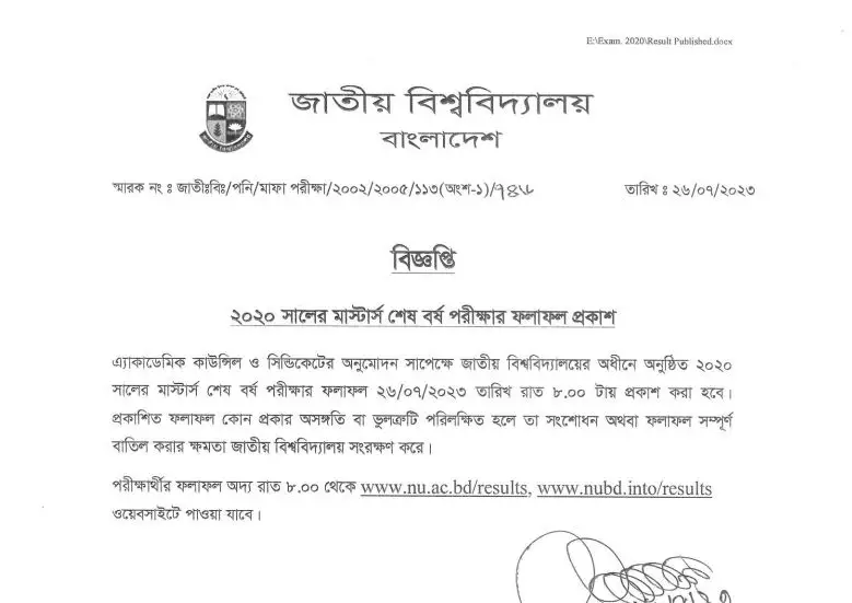 Masters Final Year Result 2023(প্রকাশিত) Session [201920] Educationbd