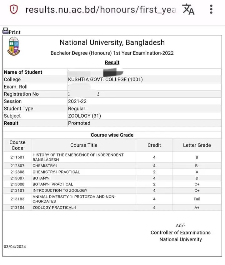Honours 1st Year Result 2024