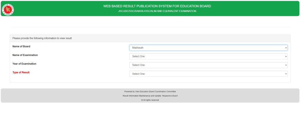 Madrasah board selection on the result checking portal