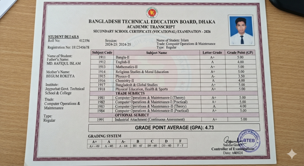 Sample SSC Vocational marksheet with trade subjects